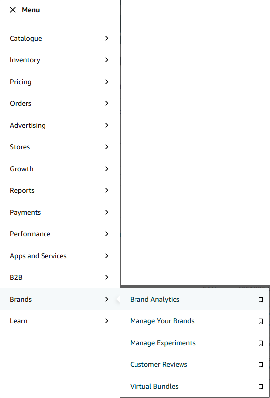 Seller Central menu showing Brands then Brand Analytics