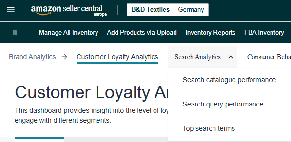 Search Analytics dropdown showing Search Query Performance and Top Search Terms options